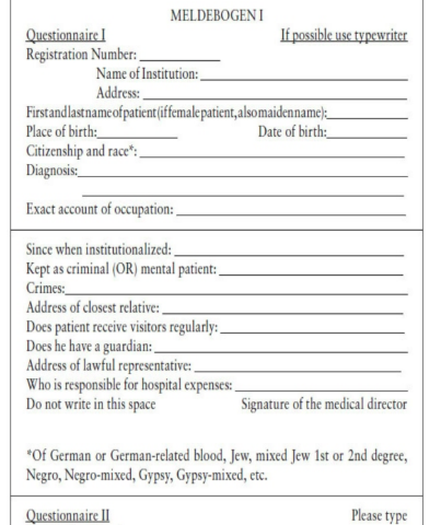 The black and white photograph shows a translation of a questionnaire with text requesting social, demographic, economic and health information.