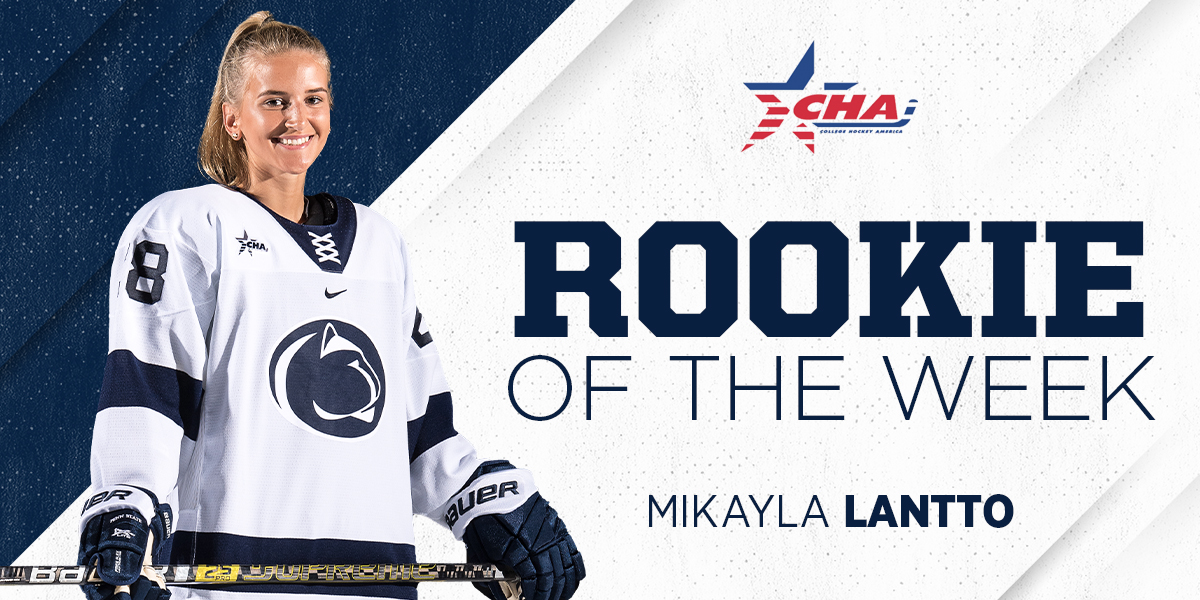 PennStateWHKY's tweet photo. That's twice ✌️! Mikayla Lantto wins her second CHA Rookie of the Week award in 2019-20 thanks to her highlight goal on Saturday!

📰: https://t.co/fAdF8KiDIs

#WeAre #HockeyValley https://t.co/VfhUIFwfoE
