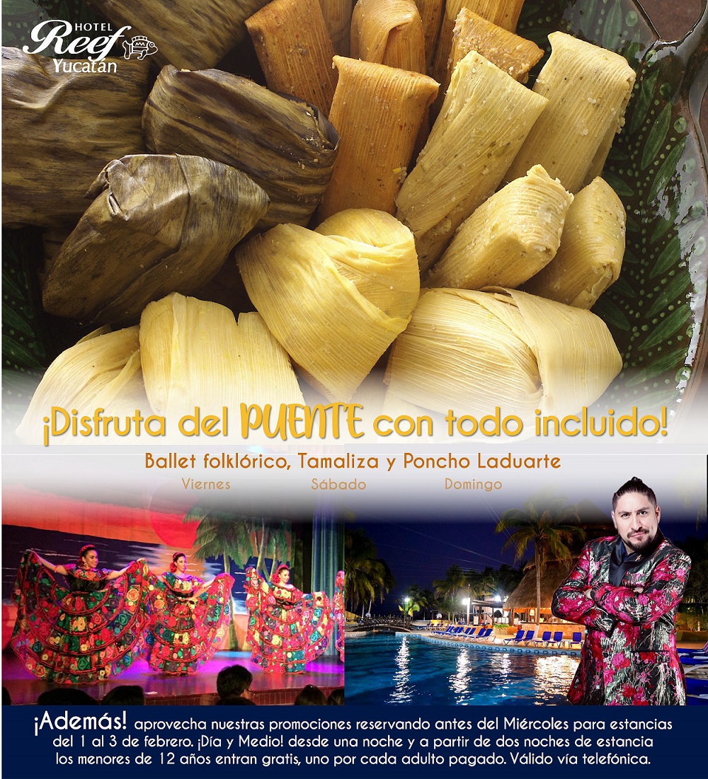ReefYucatan's tweet photo. ¿Te tocó muñeco? visítanos este Sábado 1 de Febrero, disfruta de nuestro evento especial de “#Tamaliza” por puente del día de la #Candelaria.

Día y Medio al reservar una noche y Menores de hasta 12 años gratis a partir de dos noches. Reservando antes del Miércoles 29 de enero. https://t.co/cNzXLnnfGZ