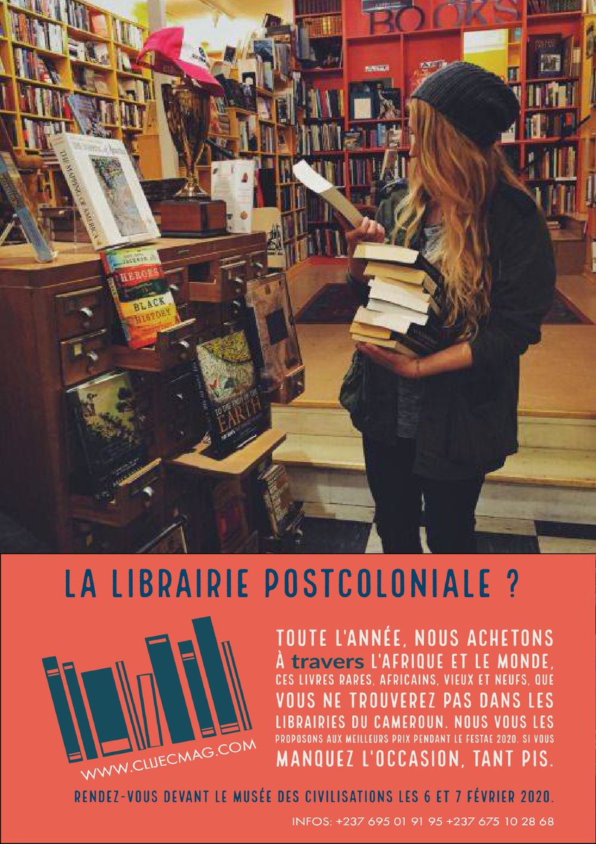 AfricanEmerging's tweet photo. La Librairie Poscoloniale ? 
Ouverte les 6 et 7 février 2020 au Musée des Civilisations à Dschang à l'occasion du #Festae2020. 

Chaque livre acheté, 50% de réduction sur la visite du musée. ☘️😉 https://t.co/VwMrwZEG9s