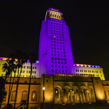 City hall lit in purple and gold for Kobe Bryant