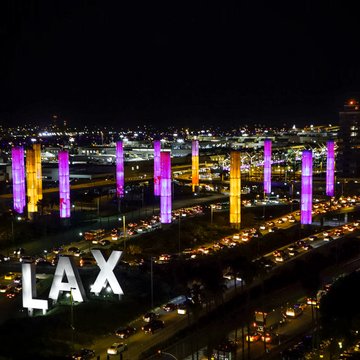 Los Angeles International Airport lit in purple and gold for Kobe Bryant