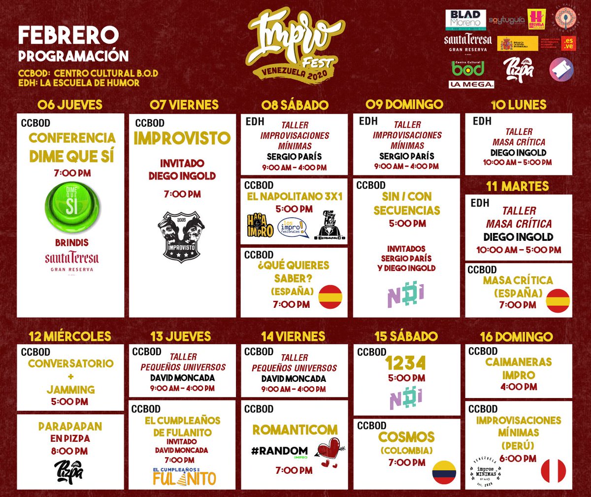 hectorbarboza's tweet photo. #Teatro se viene el ImproFest Venezuela 2020 - en su tercera edición - desde el día 7 hasta el 16 de febrero en el @CCulturalBOD - tendrán invitados Internacionales y se dará la Bienvenida con la Conferencia " Dime que si " el día 6 - abajo te dejo su agenda . https://t.co/Dx24i3KPYg