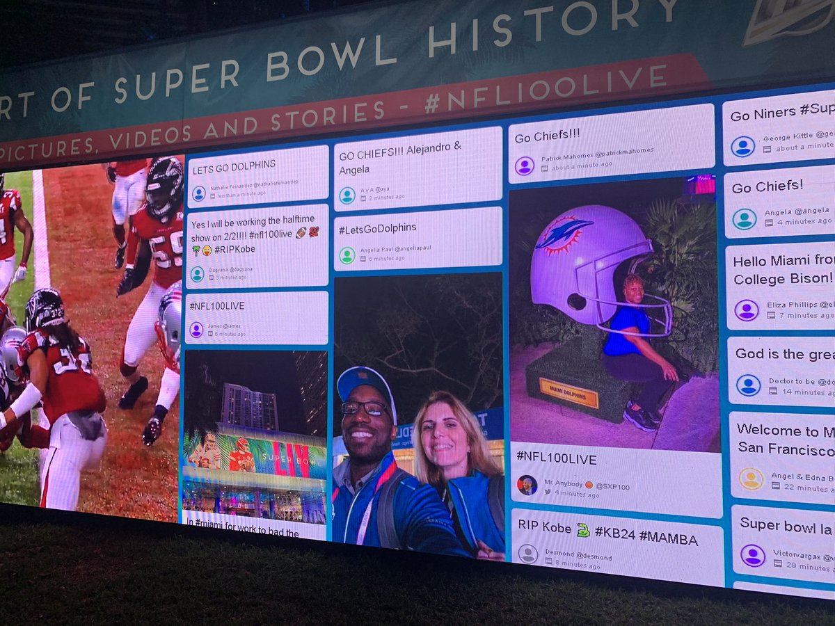 grisellemarino's tweet photo. Come by the Social Media Wall @BayfrontParkMIA and meet your friendly @mdcgwa volunteering with the @SuperBowl Host Committee as #OurCounty celebrates #SuperBowlLIV - we are here until 9 p.m. @MIASBLIV #NFL100LIVE @MiamiDolphins @49ers @Chiefs https://t.co/MH2mQe3oEp