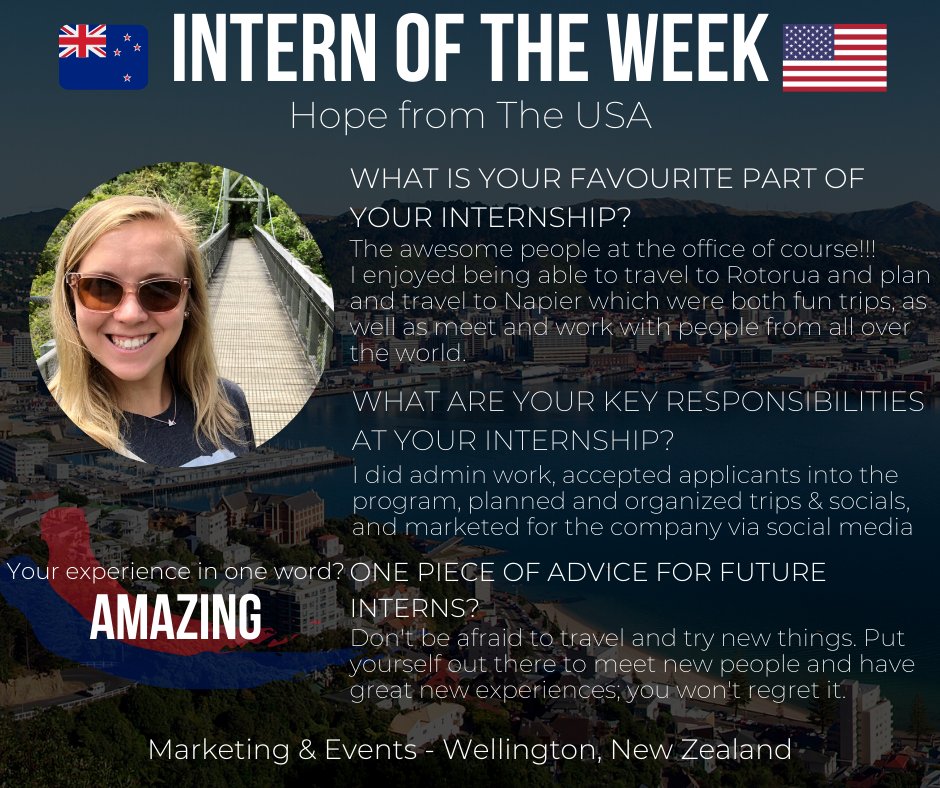 intern_nzoz's tweet photo. Hope from The USA is our Intern of the Week 😁
She did her Marketing &amp; Eventes Internship in Wellington, New Zealand.
Thank you for sharing your experience with us, we are glad to hear had having an amazing time 😁 https://t.co/LhaKchvUjt