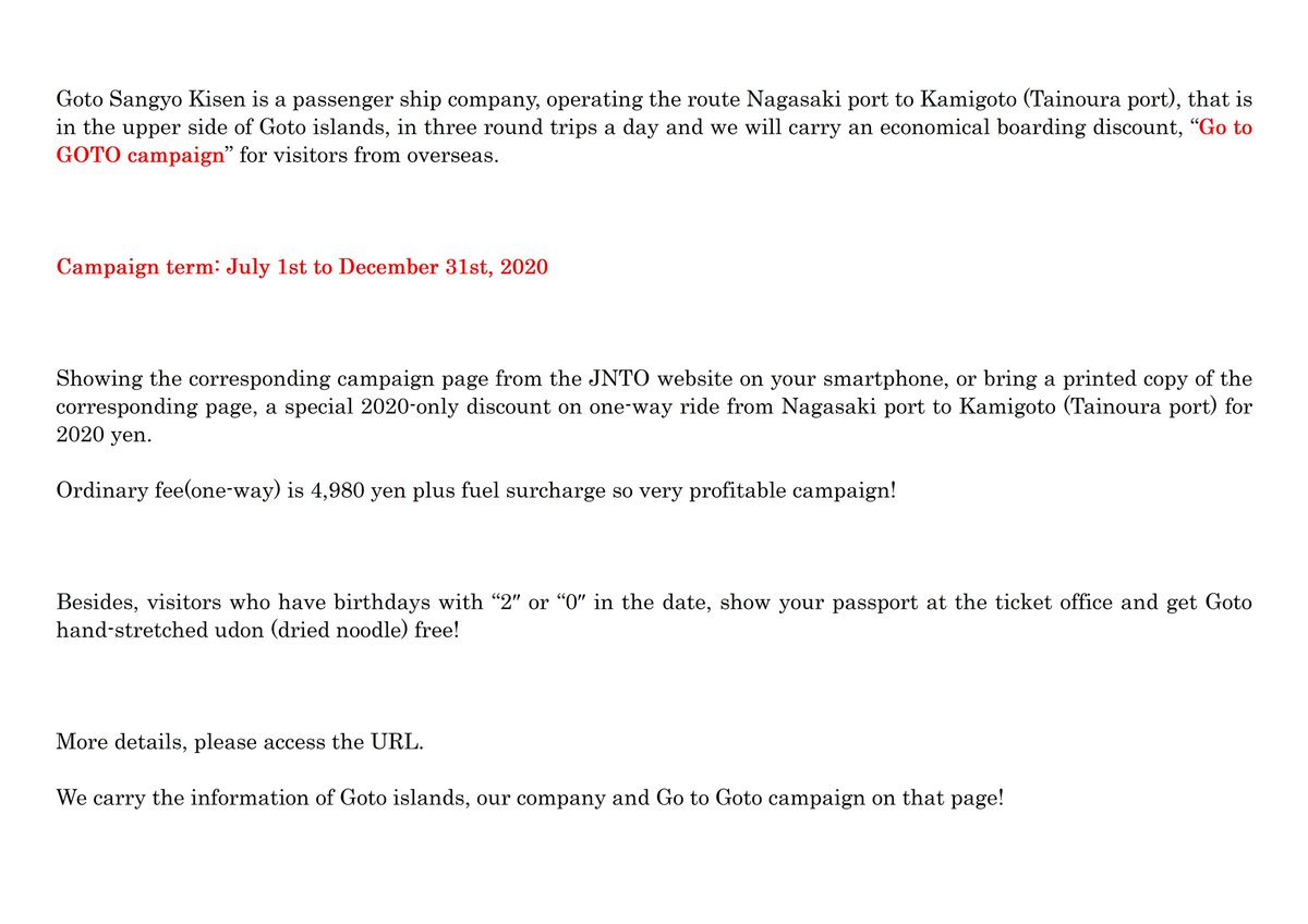 gotosangyokisen's tweet photo. Hello, this is Goto Sangyo Kisen. We introduce our “Go to GOTO” campaign, that is an economical boarding discount for tourists from overseas.
https://t.co/iRrfZPr4W8
#gotogoto #goto #kamigoto #shinkamigoto #yourjapan2020 #WorldHeritage #hiddenchristian #gotosangyokisen https://t.co/YfXmC9G19G