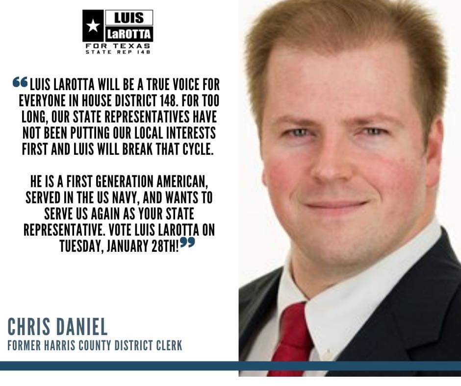 larottafortexas's tweet photo. I'm incredibly grateful for the support of experienced community leaders like former Harris County District Clerk Chris Daniel. Thank you!

#HD148 #TXLege #LarottaforTexas https://t.co/GYuyhihi4l