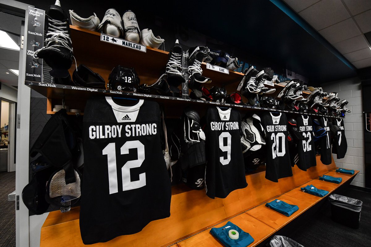 SanJoseSharks's tweet photo. As part of Heroes Appreciation Night, the #SJSharks are honoring those impacted by the Gilroy Garlic Festival tragedy by wearing #GilroyStrong jerseys during warmups tonight. https://t.co/pb6VlQHTy5