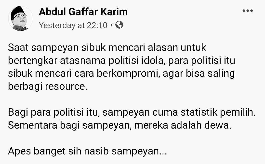 GUSDURians's tweet photo. Proses berpolitik pada hakikatnya adalah proses pendewasaan berbangsa dan bernegara. 

Setuju? https://t.co/rZDrVpt8cI