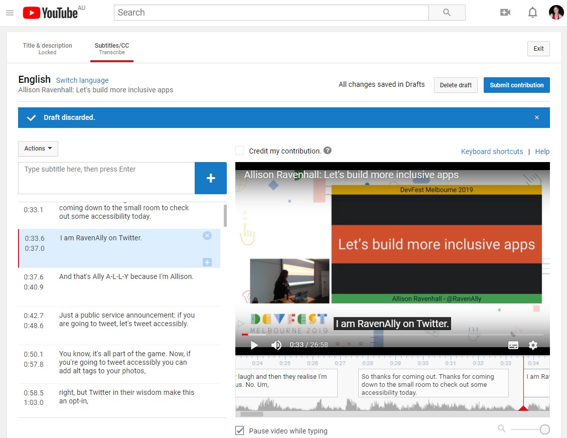 Screenshot of YouTube captioning function, mid-presentation. Current caption is "I am RavenAlly on Twitter".