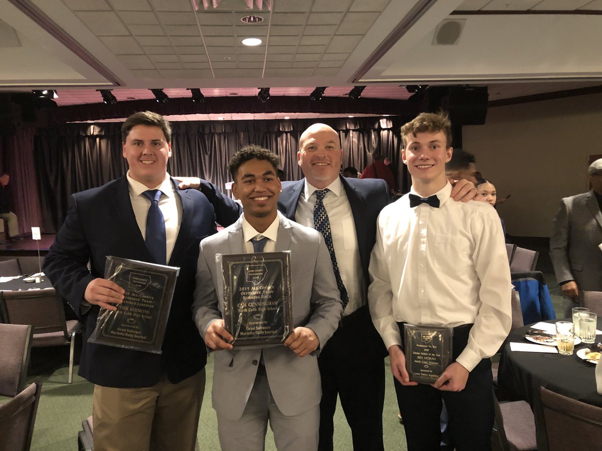 NCWarriorsFB's tweet photo. Congratulations to @kimmons72 , @camcunningham23  for being selected to Cobb County Touchdown Club 1st Team Offense and Ben Moran for Scholar Athlete award!! https://t.co/vQlkq3tv75