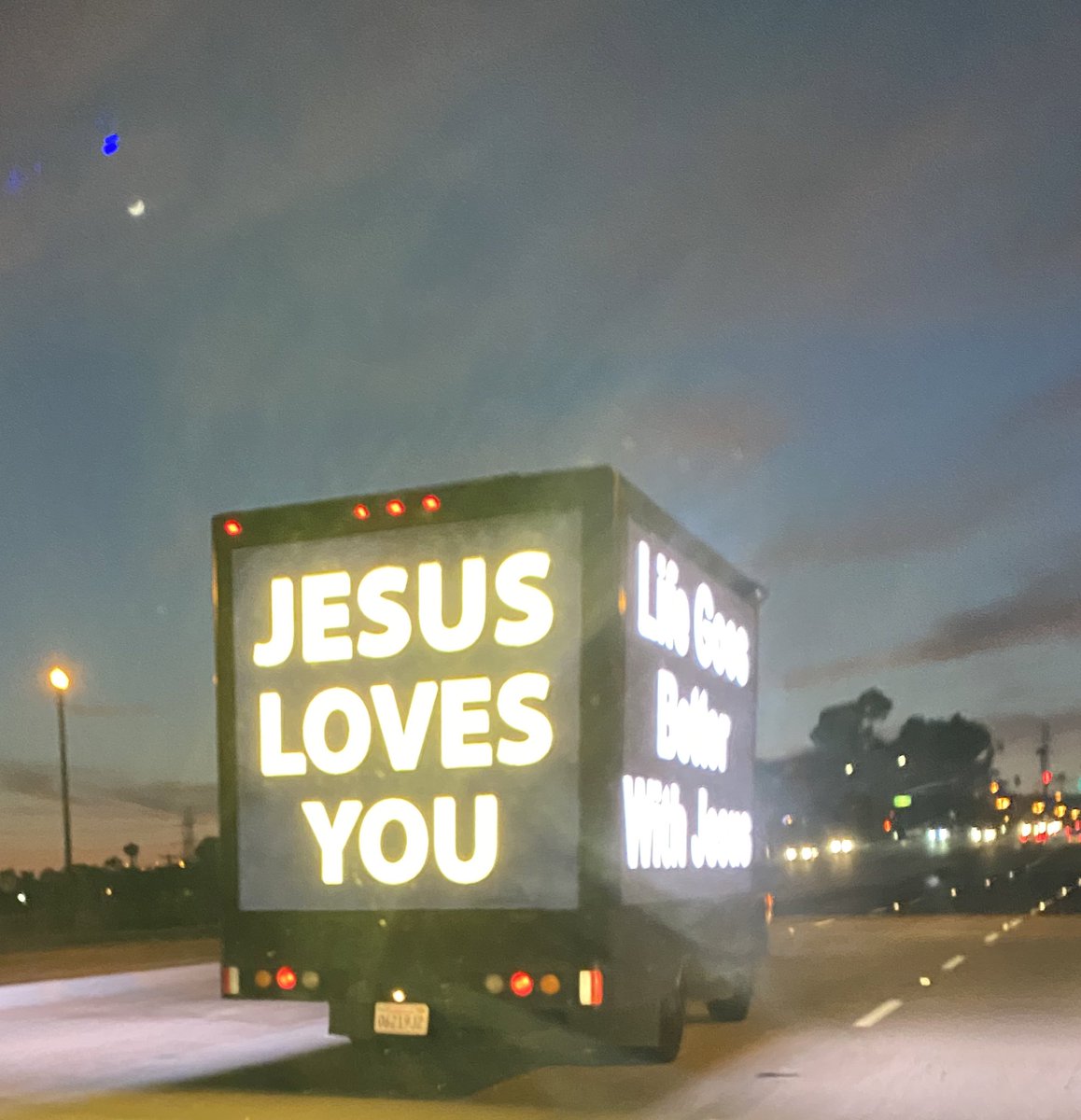 nicholsevansfan's tweet photo. A truck just passed by that Flashed things like Jesus loves you, trust in God give Jesus a chance on all sides of his truck In neon changing colors #OnlyInOC https://t.co/vkwuXuCkCj