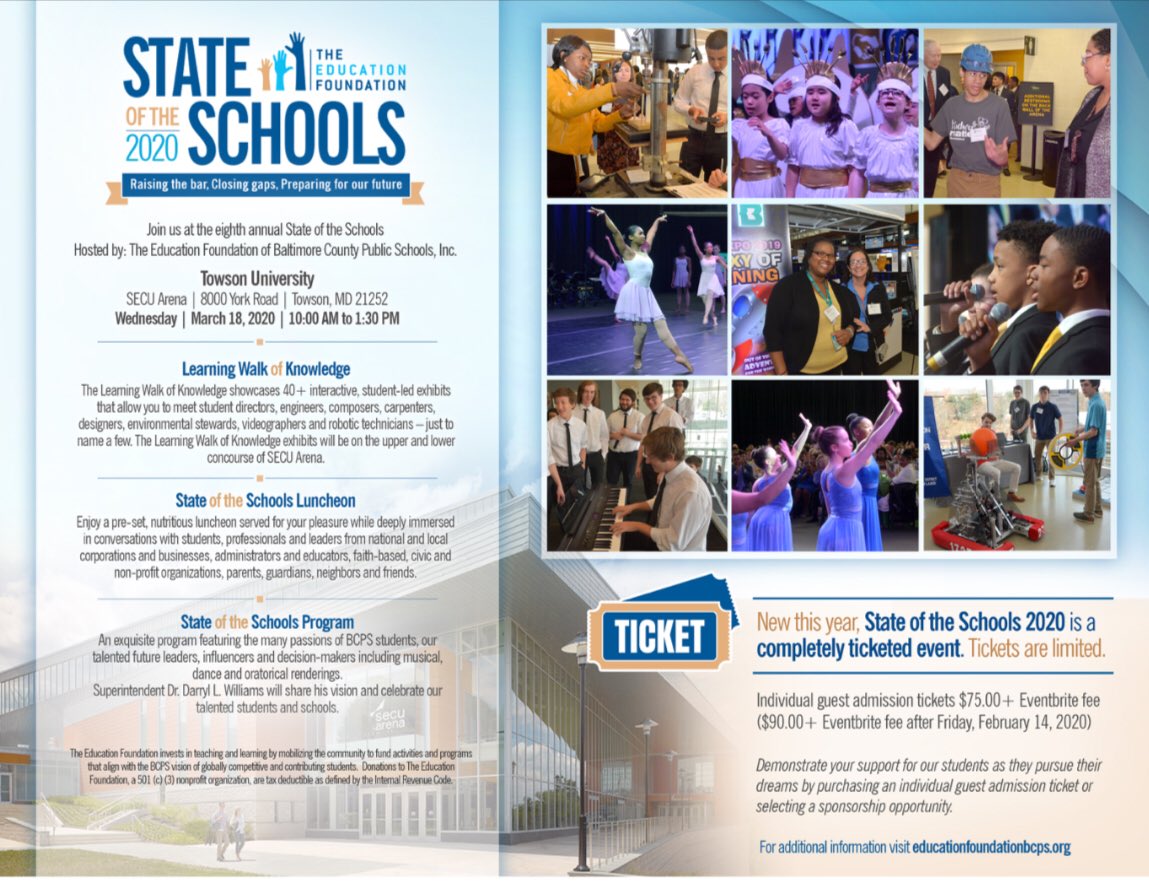 foundationbcps's tweet photo. State of the Schools 2020 | 3.18.2020 | Towson University SECU Arena | 10:00 AM to 1:30 PM
#raisingthebar #closingthegap #preparingforourfuture #sots2020 https://t.co/2HXTeev1KQ