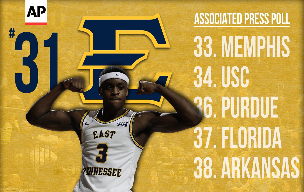 ETSU_MBB's tweet photo. With the new @AP_Top25 being released today, take a look at who the Bucs are ranked ahead of nationally; Catch the Blue and Gold in action Wednesday night vs. Mercer at 7p inside Freedom Hall! #ETSUTough https://t.co/dxe4A6TR0S