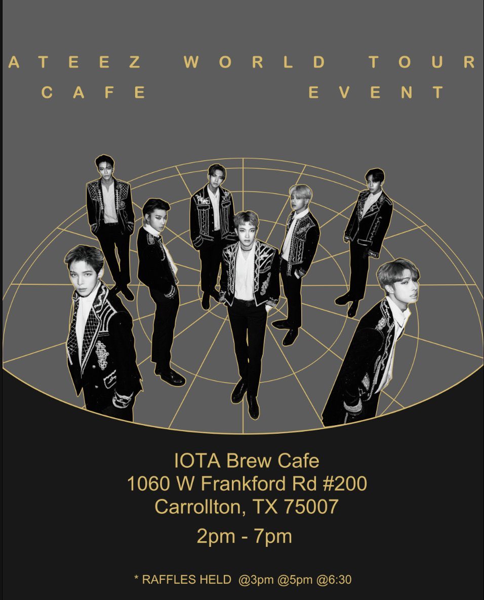 Yeetinies's tweet photo. ✨We cordially invite you✨ 
To the second Aurora Cupsleeve Event in Dallas
📍@IOTABrewCafeTX 
🕰April 22,2029 2pm to 7pm 
Please raise your glasses with us as we celebrate ATEEZ's return to Dallas 
#AteezinDallas #thefellowshiptour_Dallas #TexasCupsleeves https://t.co/NpJU19J2t5