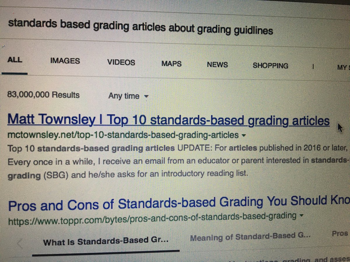BKappmeyer's tweet photo. Doing some searching regarding SBG articles and who is the first to come up out of 83,000,000 results but the one and only @mctownsley so lucky to know you! Can’t wait to dig deeper into how our grade level standards effect the final grade. @SolonCSD https://t.co/Pt1gG2206o