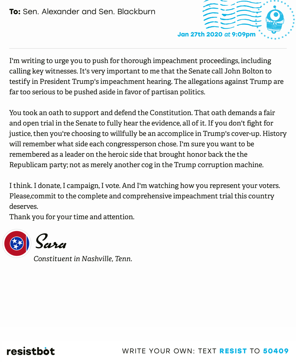 openletterbot's tweet photo. I just delivered this letter from Sara in Nashville, Tenn. to @SenAlexander and @MarshaBlackburn #TN05 #TNpolitics #TNpol #Impeach https://t.co/hZuMSj97kp