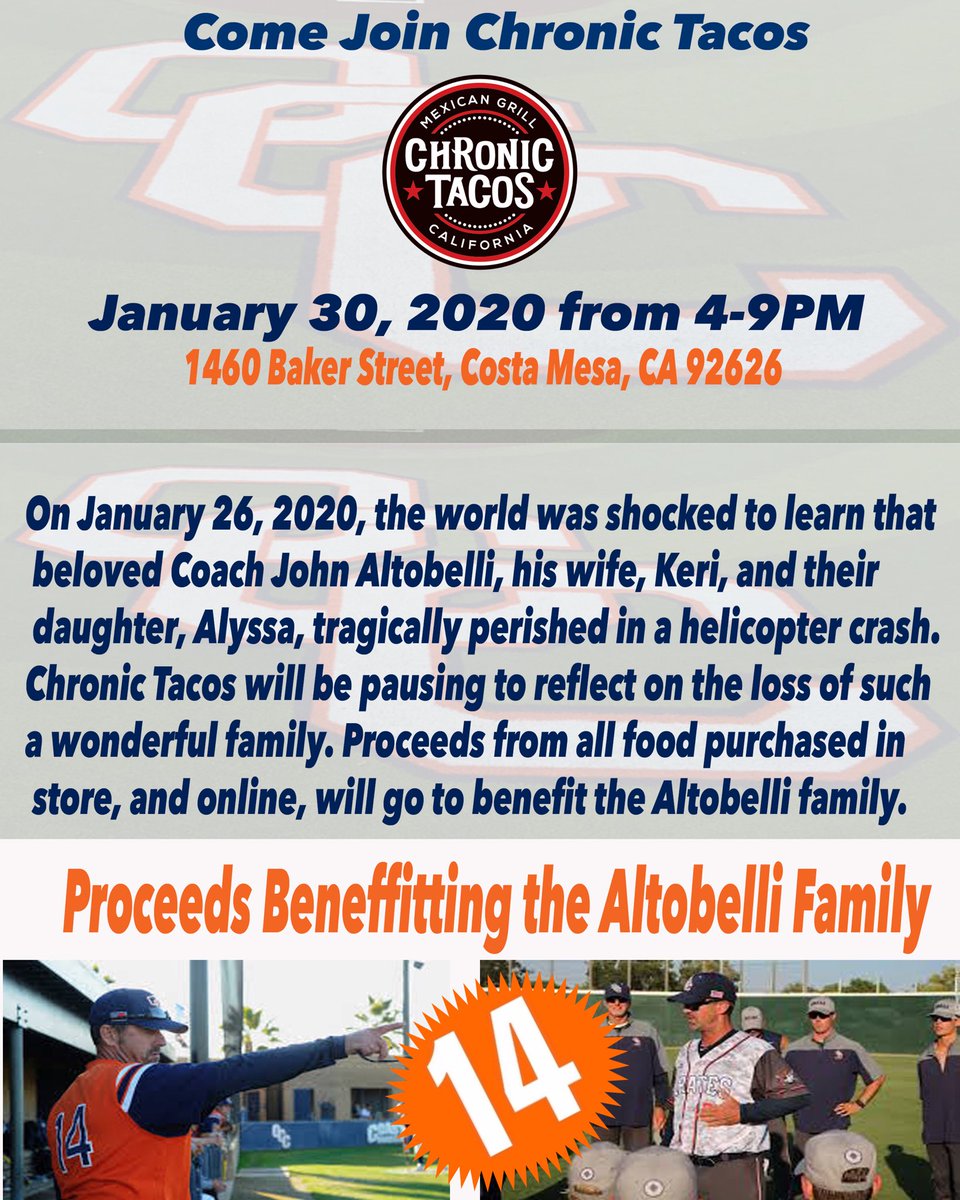 chad_eberhardt's tweet photo. Let's get the word out.  This Thursday at my Chronic Tacos near Orange Coast College we will be holding a fundraiser to benefit the Altobelli family.  Online orders with GrubHub and Postmates will also count.  Please spread the word. #PiratePride #OCC #Altobelli https://t.co/VaudO09CWB
