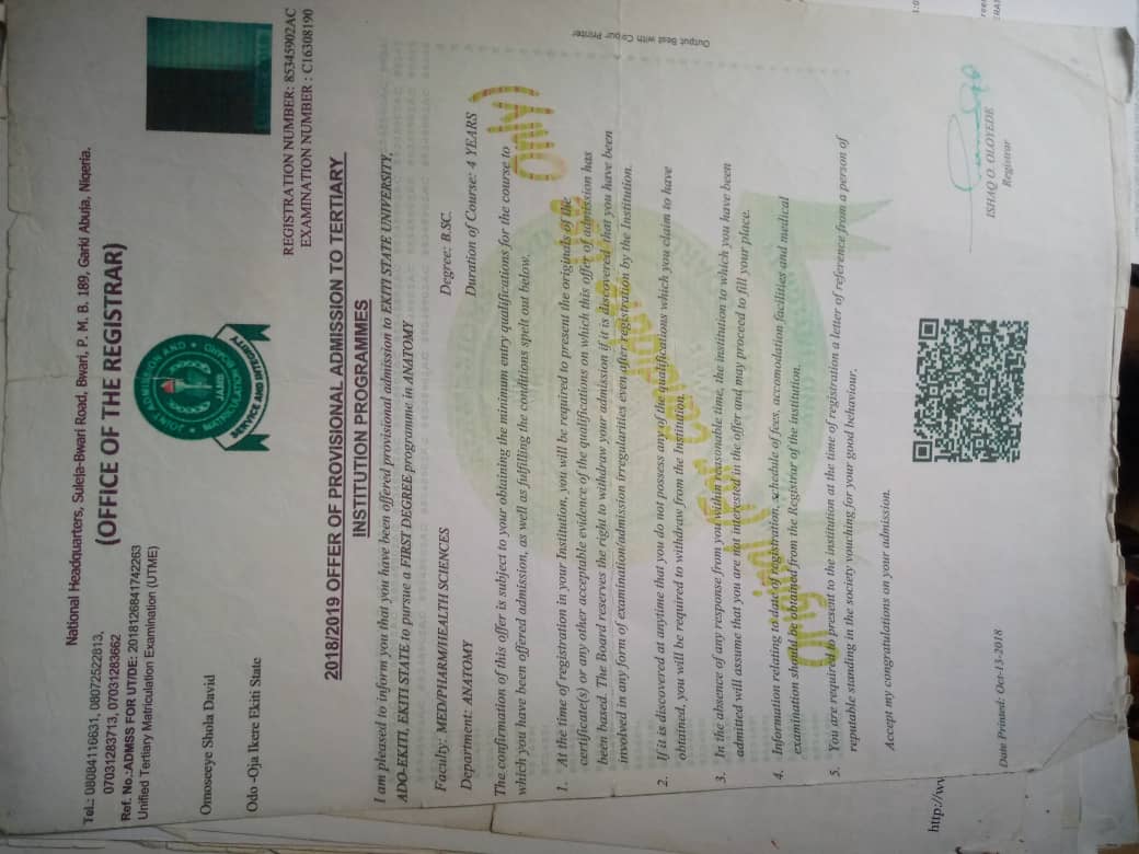 OmoseeyeDavid's tweet photo. I'm Omoseeye shola David, a 200L student, studying Anatomy, Ekiti State University,
I'm crying for help because my admission is coming to an abrupt end.
Last session I was unable to write my exams due to the fact that I have been unable to pay my school fees since I got admitted. https://t.co/DxG6QY8hFM