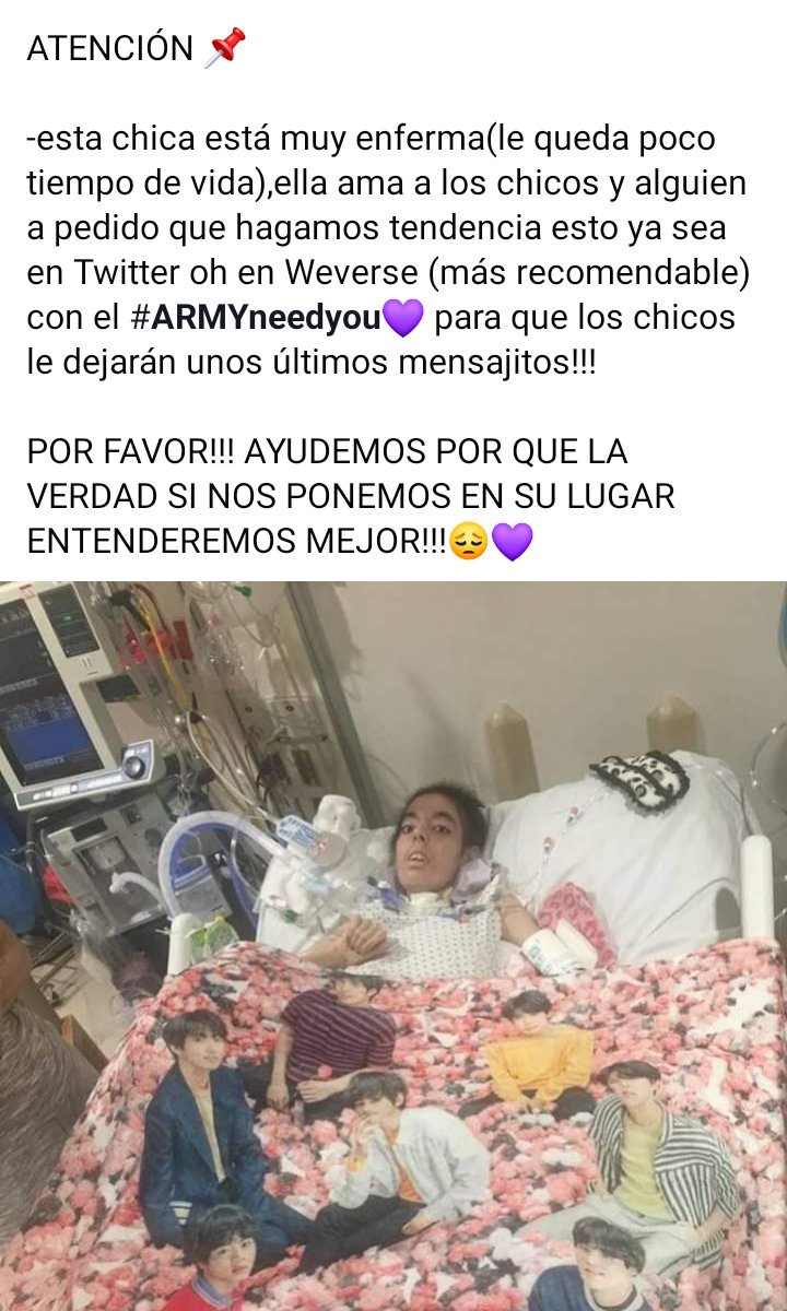 AuroraH61088143's tweet photo. #ArmyNeedYou  army hagamos este # tendencia  aquí y en Weverse esta chica está muy enferma y su deseo es que Bagtan la salude hagamos esto posible ,espero que su sueño se cumpla 😢❤ @BTS_twt https://t.co/BmaMLjbZWU https://t.co/sdq8txiwMO
