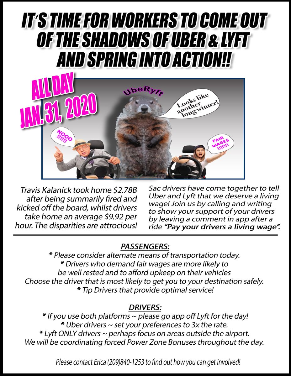 EricaMighetto's tweet photo. This Friday Drivers will be demonstrating to #stoptheuberyft @SacIntlAirport. We’re not going to wait for #groundhog day to spring into action! We’re going to use Uber’s test feature to bring #FAREnesstodrivers and #powertoworkers. Please lend your support! https://t.co/zdqXWnkfLw