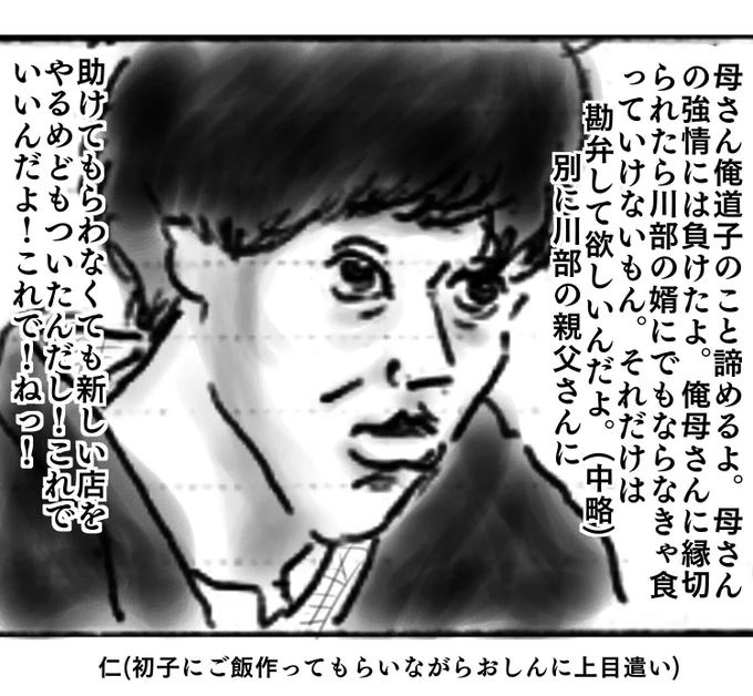 1月27日月曜日のおしん、第250回。道子、父にばかり話させて無言でのんだりたべたり不満げな顔したりとなかなかだけど、仁のひどさには及ばない#おしん #おしん絵#ほぼ日 