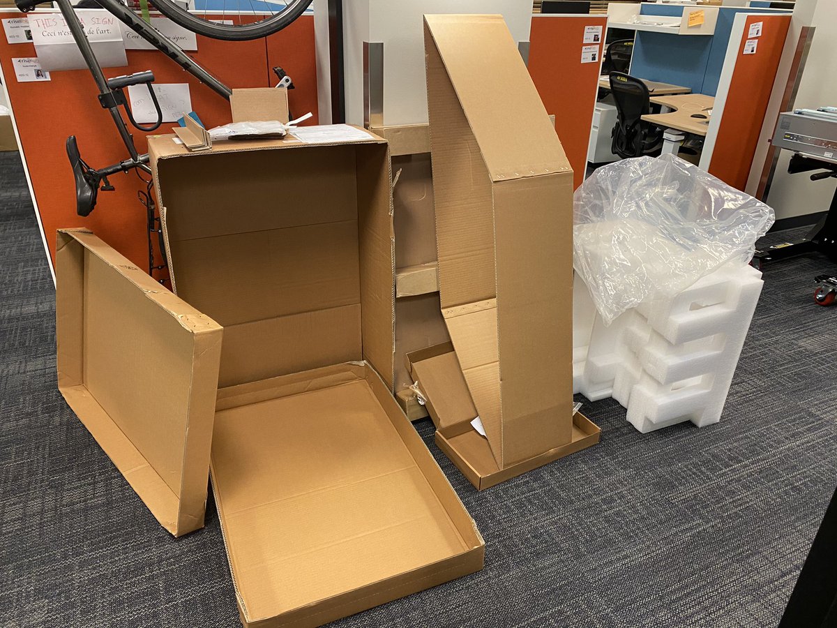 All the packing material. Outer box top, inner box top/bottom/side, accessory box, detached pallet/skid, styrofoam/plastic bag.