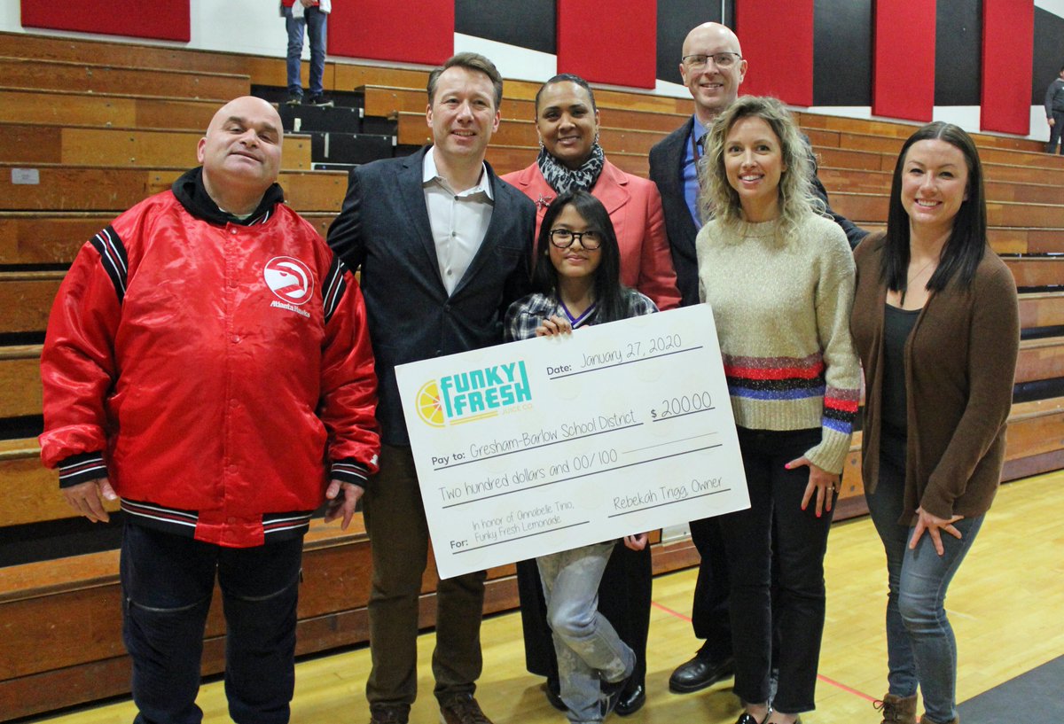 Wow! Funky Fresh Juice Company surprised <a href="/GRMSTBirds/">Gordon Russell MS</a> student Annabelle Tinio today. This summer, Tinio raised funds for the less fortunate  through her lemonade stand. The Funky Fresh Juice Company learned about her project also donated funds to the cause! #InspireEmpowerTHRIVE