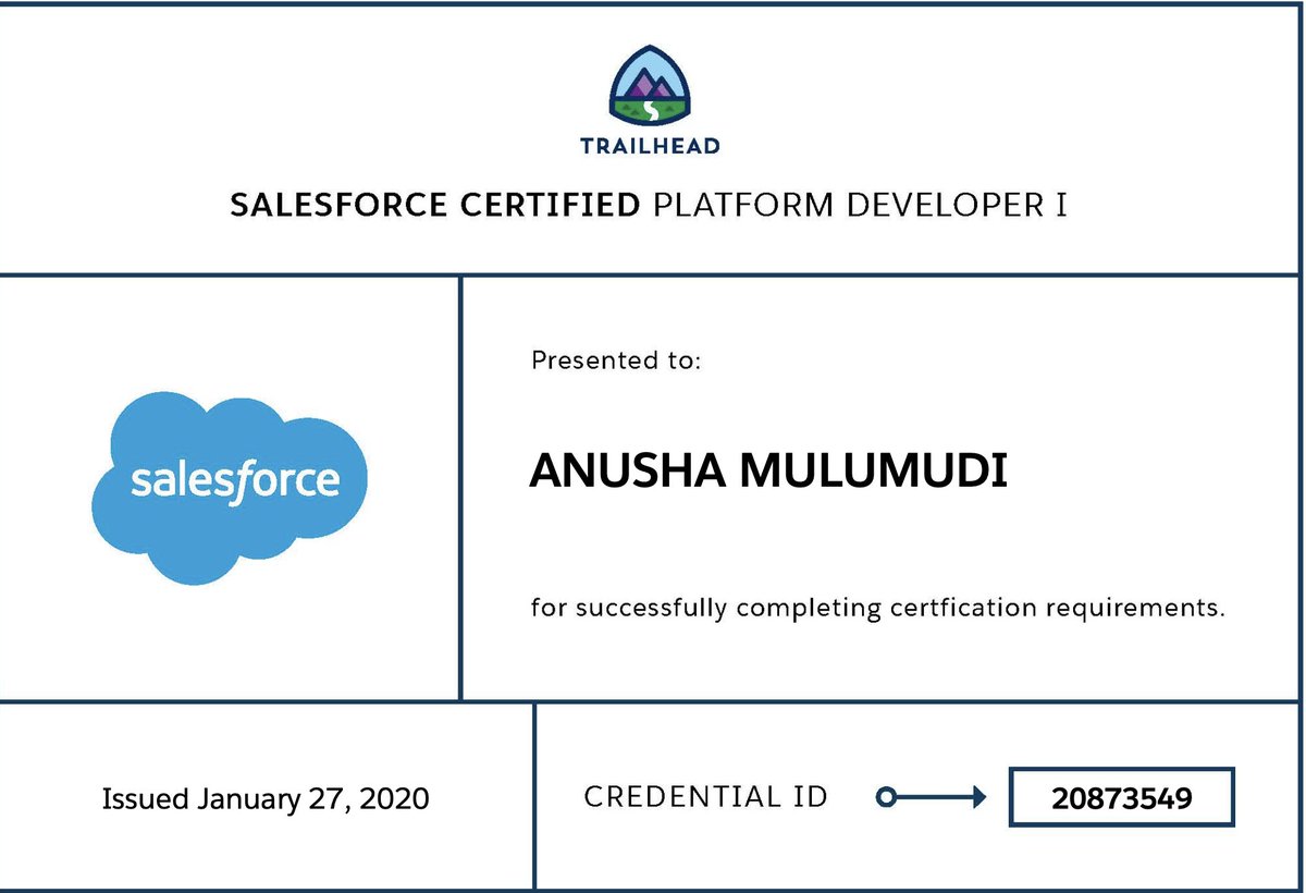 Anusha_Mulumudi's tweet photo. Happy to share that I earned my PD1 Developer certification. Thank you everyone who supported me during this journey @momrelaunch @codefriar @RADWomenCode @trailhead @SashaManford https://t.co/FOR7QUBdp3