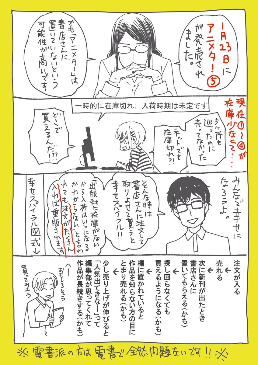 花村ヤソ アニメタ 発売中 アニメタ 1 4巻 の紙本を探してくださっている皆様 在庫がかなり少なくなっているのでもしよければ書店で注文いただけると助かります 注文が沢山入らないと重版がかけられないらしいのです お手数をおかけします 2 巻の時 花村ヤソ アニメタ 発売中 アニメタ 1 4巻 の紙本を探してくださっている皆様 在庫がかなり少なくなっているのでもしよければ書店で注文いただけると助かります 注文が沢山入らないと重版がかけられないらしいのです お手数をおかけします 2 巻の時
