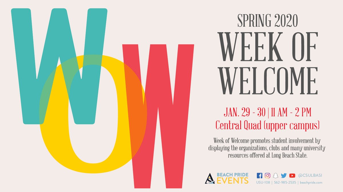 CSULBASI's tweet image. Join us this Wednesday and Thursday from 11AM-2PM for Spring 2020: Week of Welcome to learn about the different clubs, orgs and #CSULB campus resources that are available on campus.