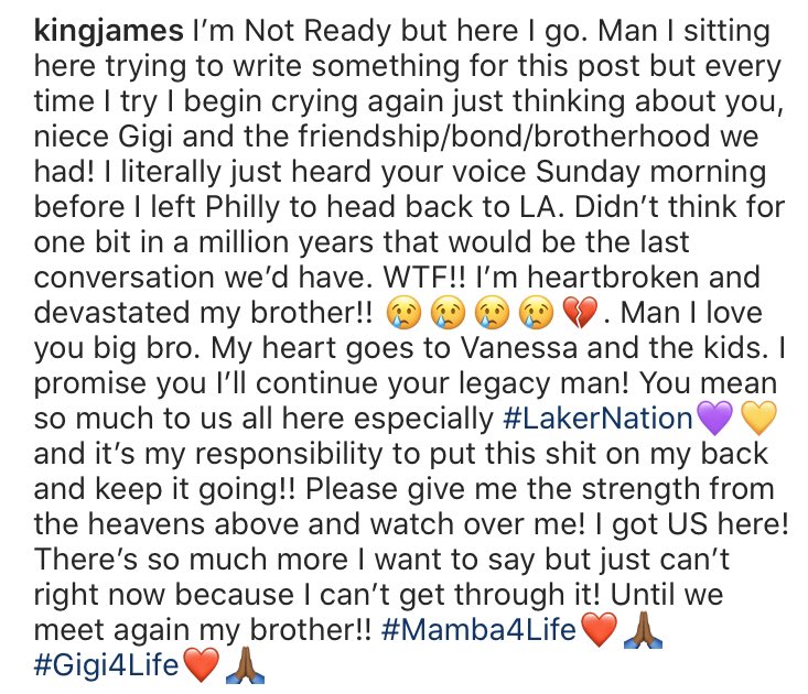 Ballislife's tweet image. LeBron’s IG post about Kobe. 

“You mean so much to us all here especially LakerNation and It’s my responsibility to put this shit on my back and keep it going.”