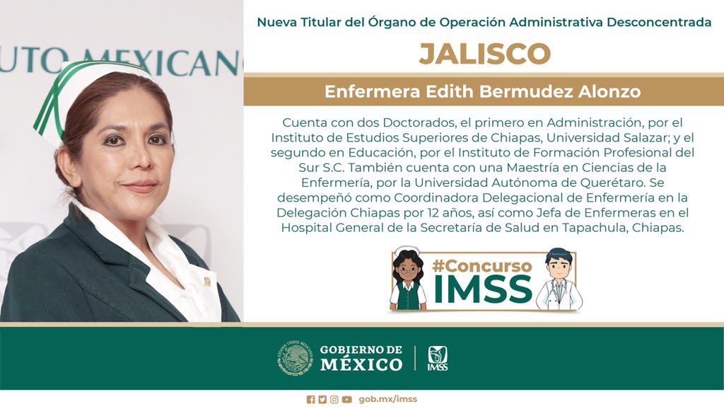 imssjalcontigo's tweet photo. La Enfermera Edith Bermúdez Alonzo es la nueva Titular del Órgano de Operación Administrativa Desconcentrada del IMSS en Jalisco ¡Conoce su destacada trayectoria! https://t.co/3n1pr7Ocg6 https://t.co/M0AP3AOw6A