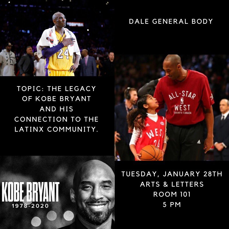 DePaul_DALE's tweet photo. Hola familia. Yesterday we lost an important man and to honor his legacy, we would like to discuss the connection he had with the Latinx community at tomorrow’s general body meeting. Come out and join us in honoring Kobe Bryant. 💜💛 https://t.co/qcJsP1hvLI