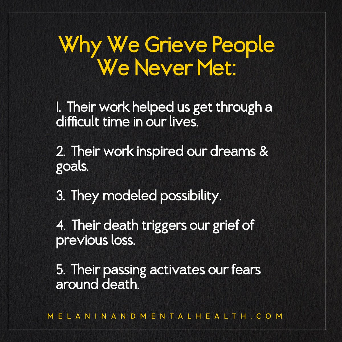 MelaninHealth's tweet photo. Yes, it’s possible to grieve someone you never met.

Whatever your reason, we hope you are giving yourself some grace today. 🖤💛 

#melaninandmentalhealth #grief #selfcare #therapyisdopewhenyouhaveadopetherapist https://t.co/vwC1OJhprS