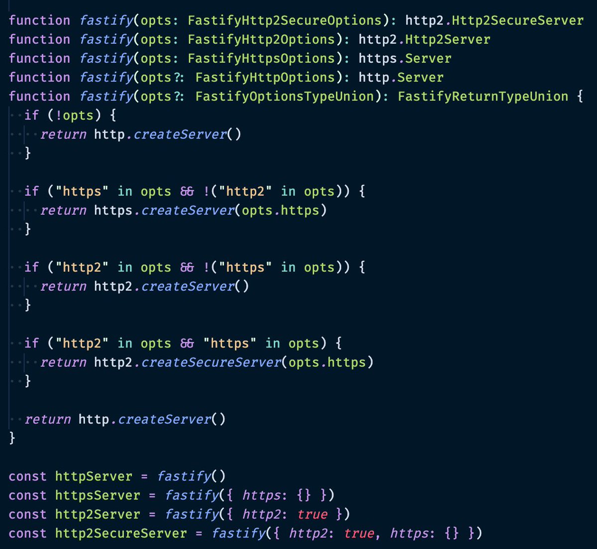 Image of function overload and implementation. Subsequent tweets will have links to typescript playgrounds