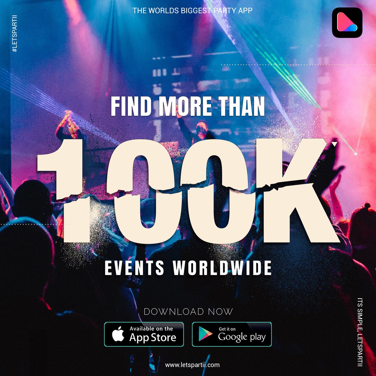 LetsPartiiTeam's tweet photo. We are proud to announce that we have more than 100K events inside our app. Download the app, and find amazing events around you. It’s simple, LetsPartii® https://t.co/MB8z9mQLX7