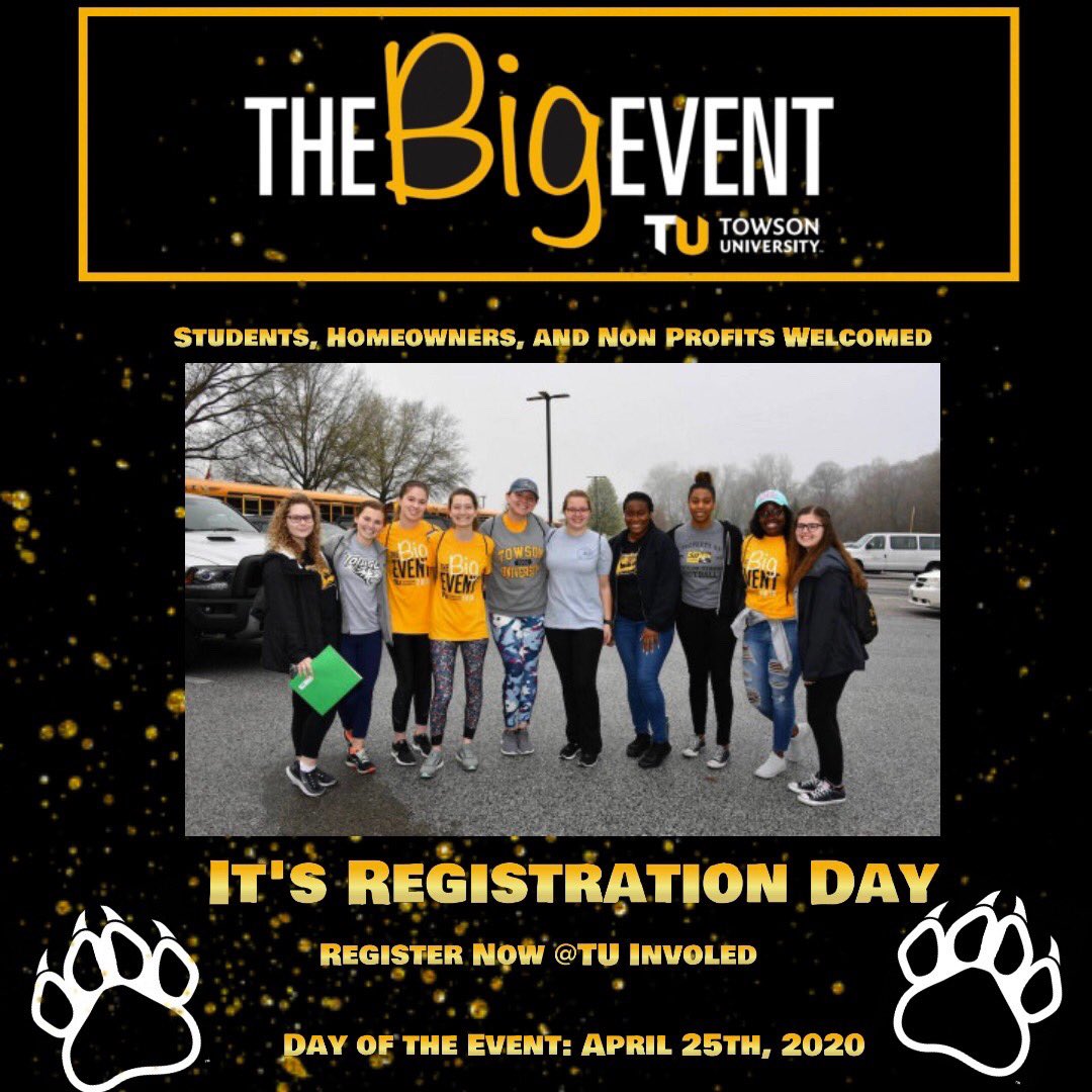 TUBigEvent's tweet image. Sorry for the delay but, TODAY is the day 🌟 Registration for the Big Event is OPEN! Sign up at towson.edu/thebigevent or the TU involvement fair!