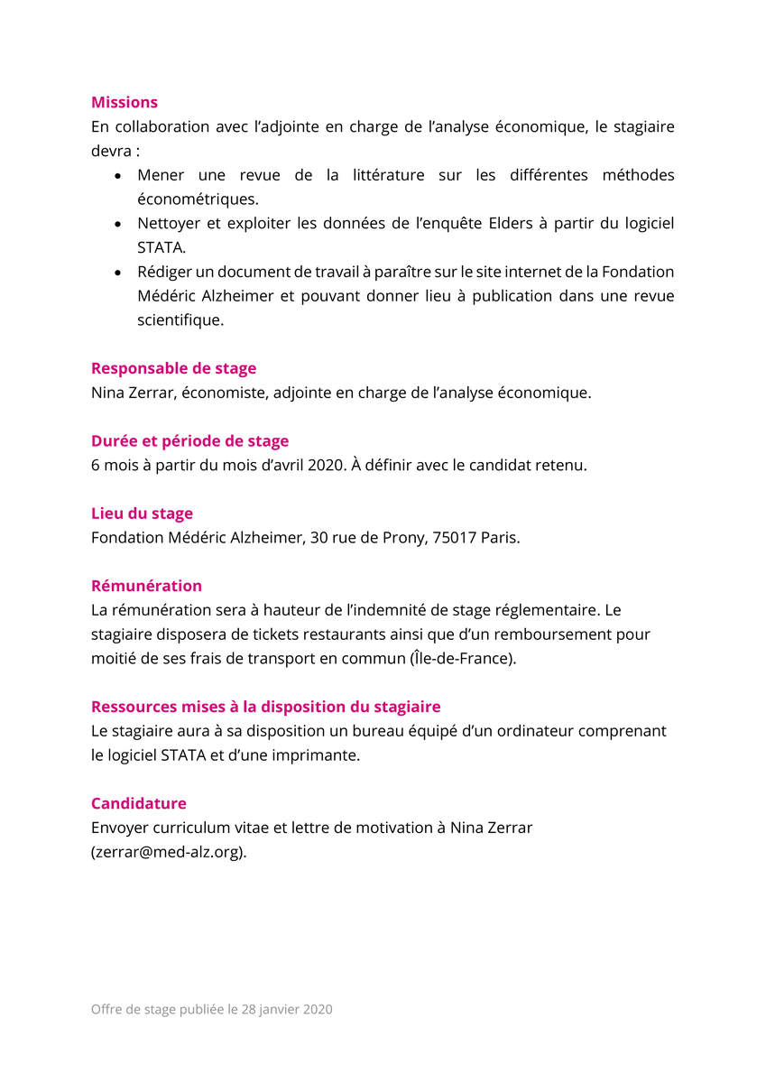 La Fondation Médéric Alzheimer recrute !

Nous recherchons un·e stagiaire chargé·e d'études économiques.

📍 30 rue de Prony, Paris 17e
📅 #stage à pourvoir dès avril 2020 pour 6 mois

Et si vous nous rejoigniez ? 🙂

#recrutement