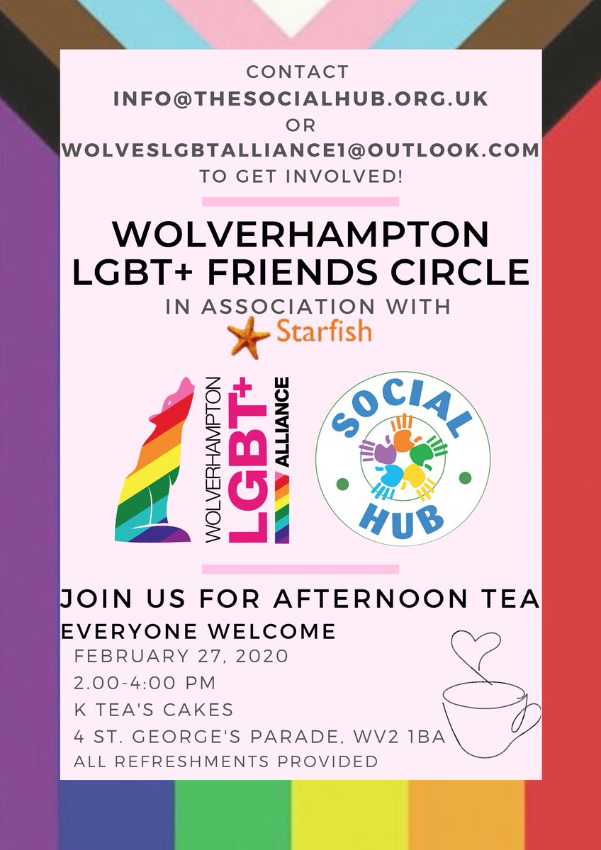 Join us on 27th Feb at K Tea's Cakes for the new Wolverhampton LGBT+ Friends Circle in association with <a href="/LGBT_Wolves/">Wolves LGBT+Alliance</a> 
🏳️‍⚧️🏳️‍🌈Contact us for more info! 🏳️‍🌈🏳️‍⚧️