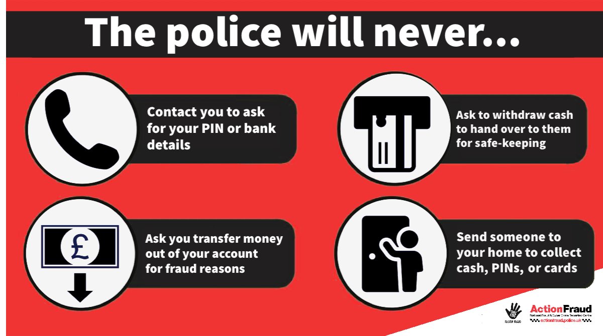 The police or your bank will NEVER contact you out of the blue to ask for your PIN, password, or to transfer money to another account. #CourierFraud