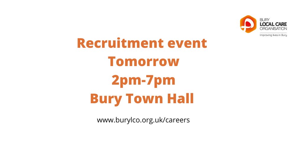 It's tomorrow! 

We have lots of health and care jobs, so please come along and have a chat bit.ly/2NqvY7Z <a href="/BuryCouncil/">Bury Council</a> @NHSBuryCCG <a href="/BuryVCFA/">BuryVCFA</a> <a href="/NHS_BARDOC/">BARDOC</a> @NCAlliance_Jobs <a href="/PennineCareNHS/">Pennine Care NHS FT</a>