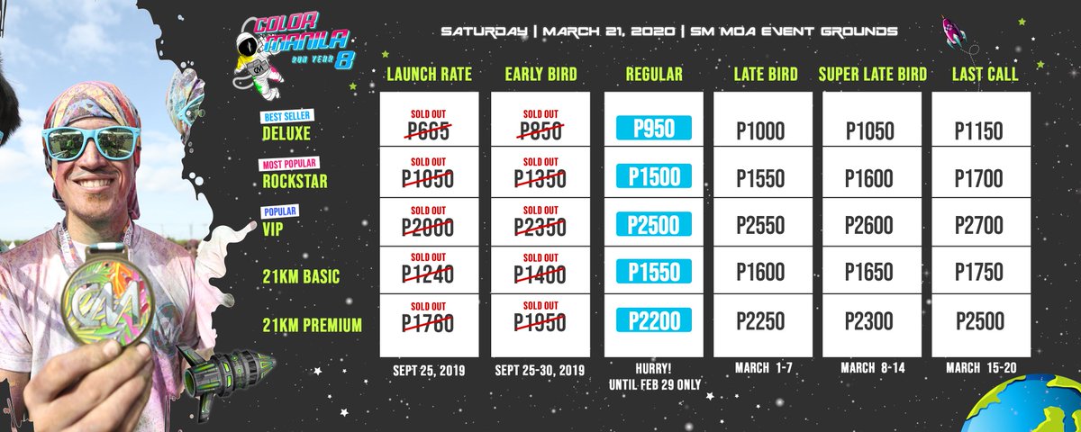 ColorManila's tweet image. As part of our promise to give you a BIGGER, BETTER, and MORE COLORFUL event, we introduce you to our pricing phases.

HURRY before the prices increase! REGISTER NOW!

Registration link: bit.ly/ColorManilaRun…

#ColorManilaRunYear8
#ilovecolormanila