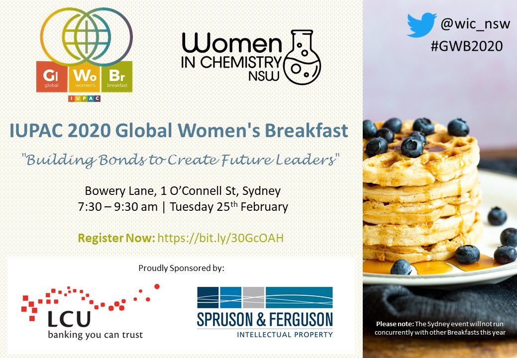 wic_nsw's tweet photo. 👀 Registrations are open for the @IUPAC Global Women’s Breakfast in Sydney! Join us for a delicious breakfast in the city with an exciting lineup of speakers to be announced soon! 🥞🥐☕️ Register before 17th February: https://t.co/sjvVMIuRRQ #GWB2020 @RACI_NSW https://t.co/QzX0NYPE9f
