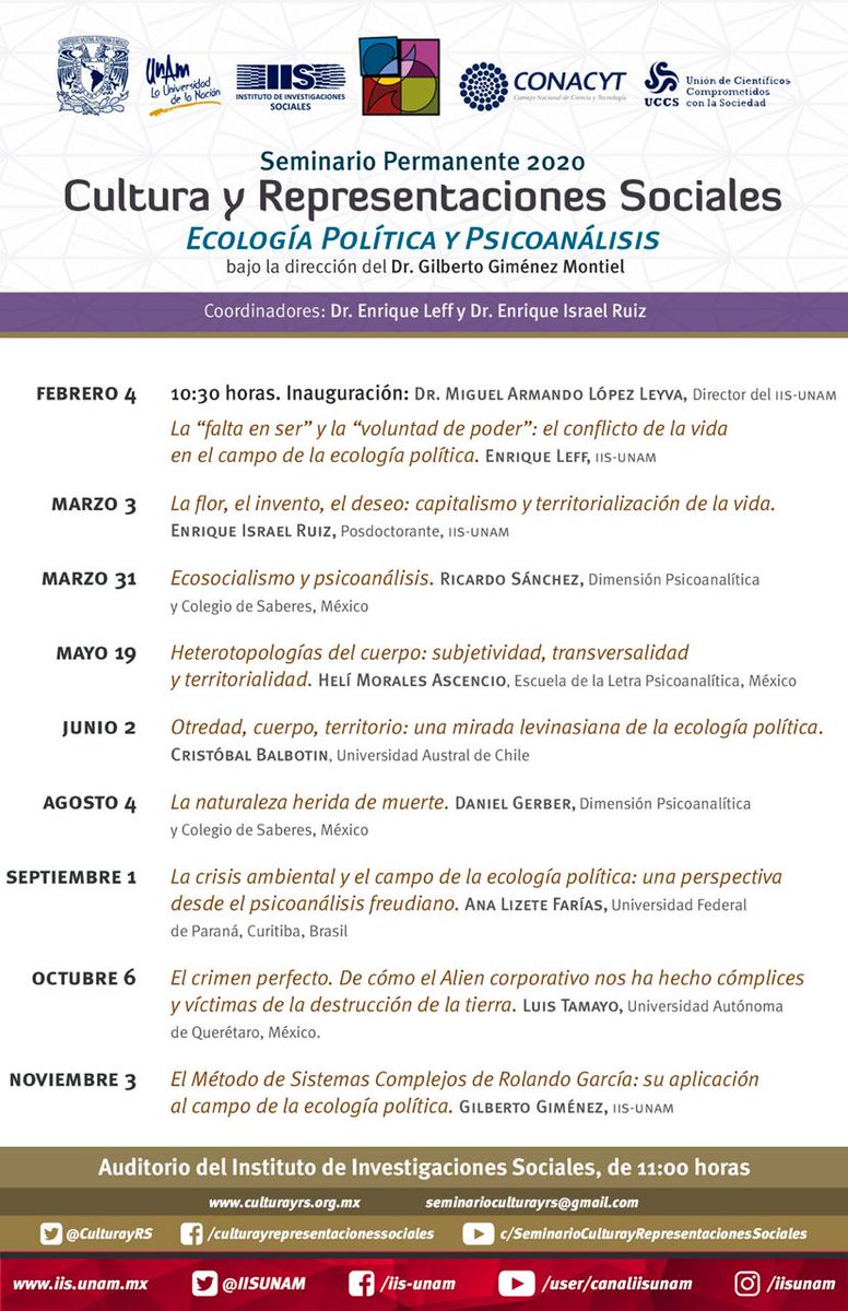 #Seminario Permanente #2020
Cultura y Representaciones Sociales
Ecología Política y Psicoanálisis

Febrero 4 - 10:30 horas

bit.ly/2GqySpH