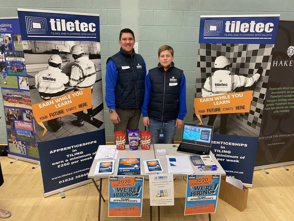 TiletecGroup's tweet image. All set up and ready to talk to Year 10 students from local schools at the @GodalmingColl careers fair #careersfair #earnwhilstyoulearn #yourcareerstartshere #tilingapprenticeships