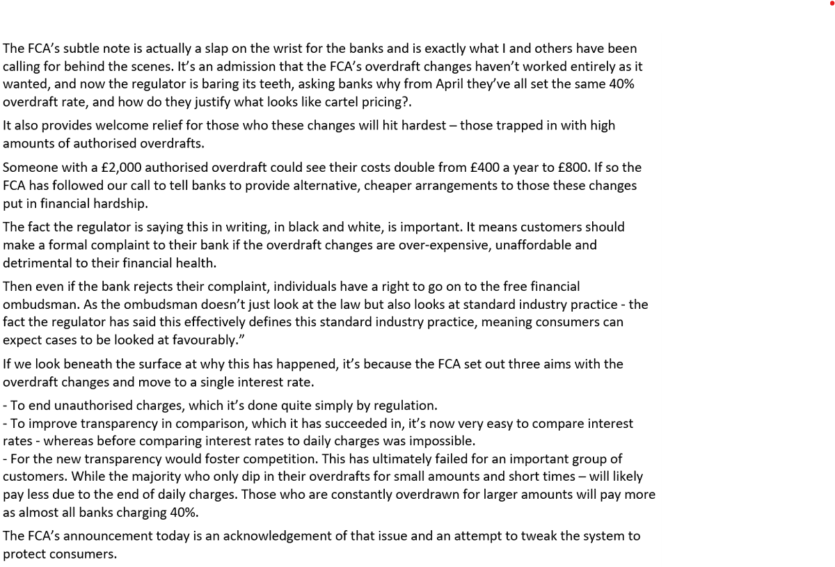 MartinSLewis's tweet photo. IMPORTANT NOTE FOR THOSE OVERDRAWN - pls share.

@TheFCA has today slapped banks wrists, with a letter about their overdraft changes which see 40% as the new normal.  Within it is news that can provide some relief for overdraft prisoners. Here's my interpretation... https://t.co/5CFz4KPYTJ