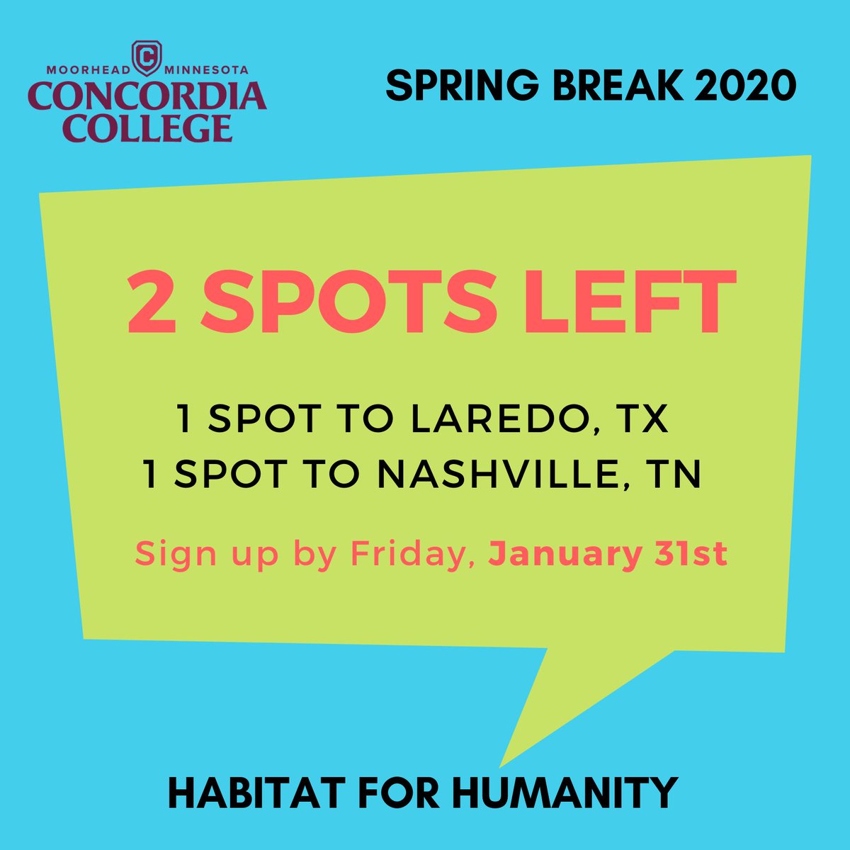We have 2 spots left. 😮Email hfh@cord.edu by this Friday to secure your spot. If you have questions, you know what to do😉 email us 😁