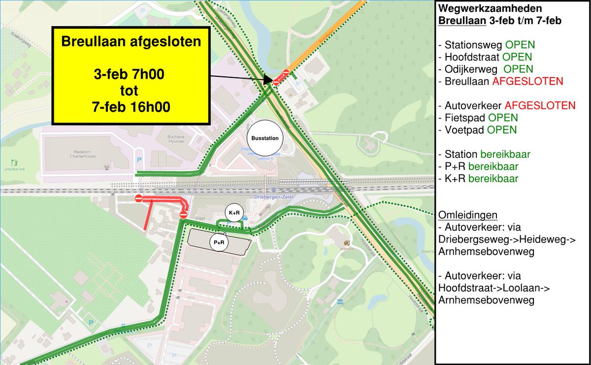 Afsluiting Breullaan van maandag 3 februari 7:00 uur t/m vrijdag 7 februari 16:00 uur. Reden is de aanleg van een “geleidingsdruppel”. Dit is een verhoogd vlak in de weg ter hoogte van de verkeerslichten, om beide rijbanen van elkaar te scheiden.