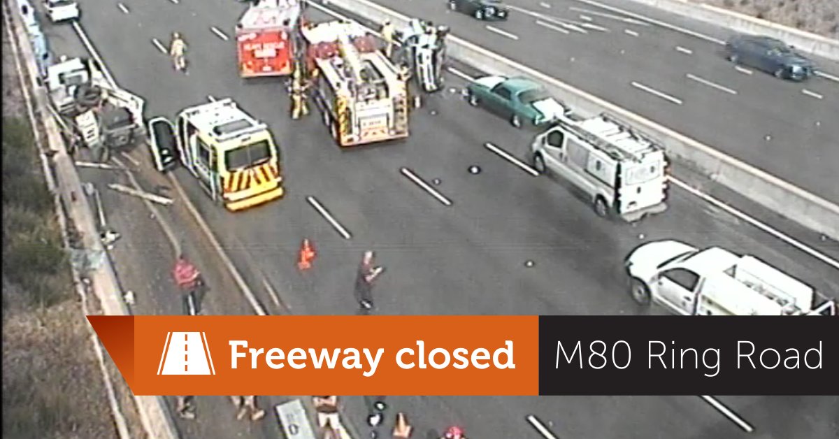 VicTraffic's tweet photo. The M80 Ring Road is closed Greensborough-bound between Dalton Road and Plenty Road, due to a multi-vehicle collision in which one car has rolled.
Exit early at Sydney Road and use Mahoneys Road, Dalton Road, McKimmies Road or Settlement Road to access Plenty Road. #victraffic https://t.co/mlHofY4Svs
